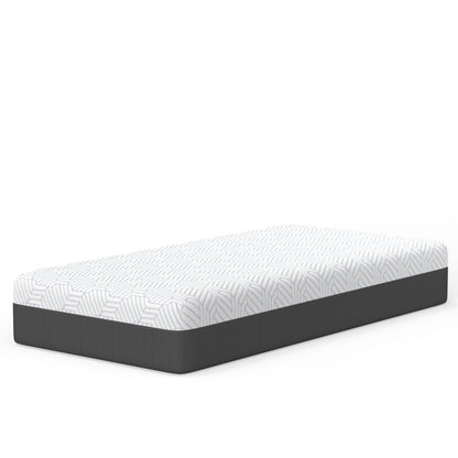 Pur Chill 12in Soft Hybrid Mattress with cooling fabric, patterned cover on black base on Tampa Home & Garden Store