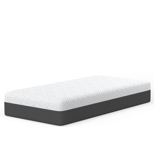 Pur Chill 12in Soft Hybrid Mattress with cooling fabric, patterned cover on black base on Tampa Home & Garden Store
