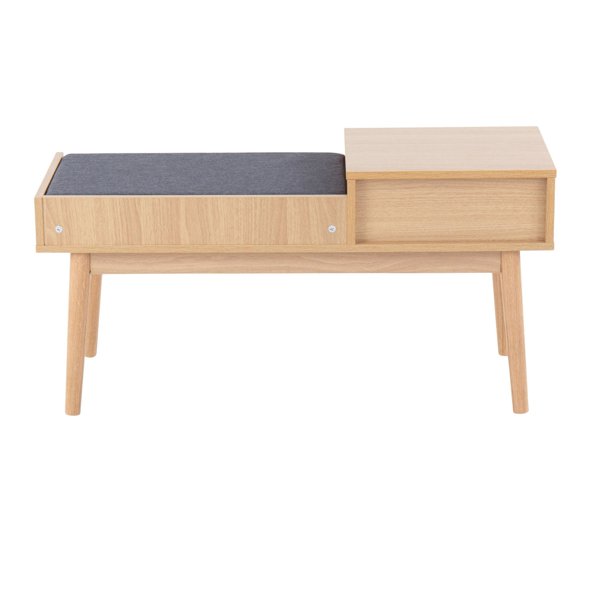 Contemporary upholstered bench with pull-out drawer in light brown wood and gray cushion on Tampa Home & Garden Store
