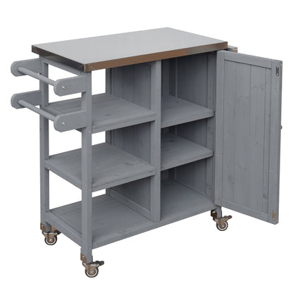 Foldable outdoor kitchen island cart with gray wood frame and metal top and wheels on Tampa Home & Garden Store