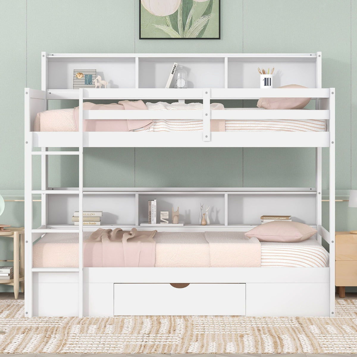 White twin-size bunk bed with built-in shelves and under-bed storage drawers HouseOfZazla on Tampa Home & Garden Store