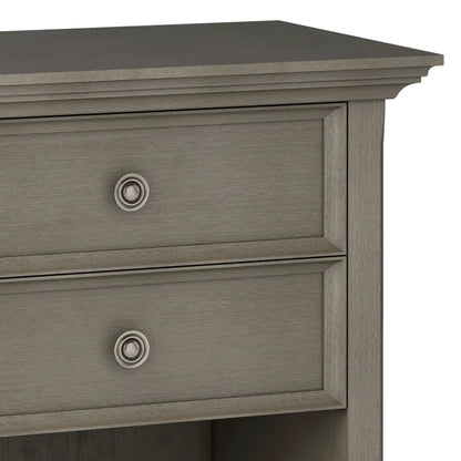 Amherst bedside table handcrafted in weathered gray wood with round metal pulls on Tampa Home & Garden Store