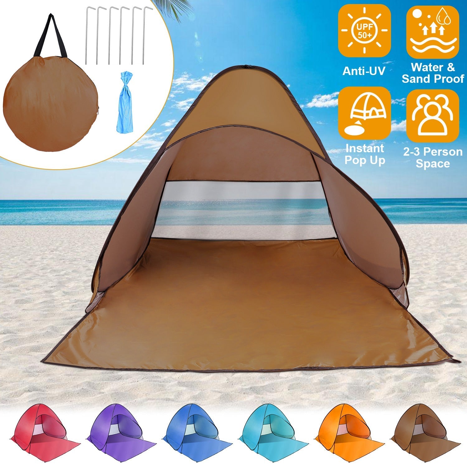GemGear pop-up beach tent shade shelter anti-UV waterproof for 2-3 people tan with carry bag on Tampa Home & Garden Store