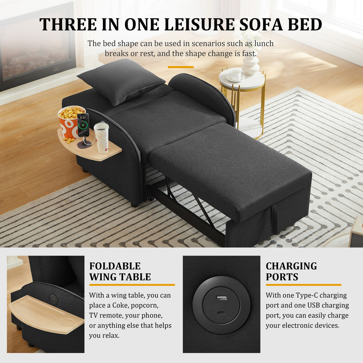 High Density Linen 3 In 1 Convertible Bed Sofa