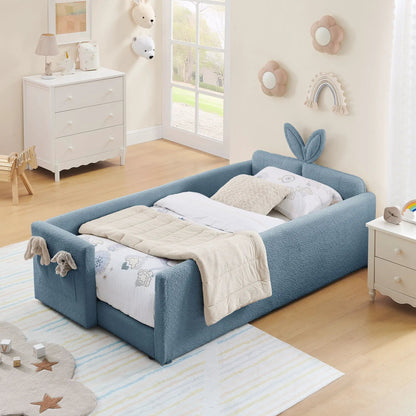 Cute rabbit-ear upholstered platform bed with safety rail in blue by Unique Piece Furniture on Tampa Home & Garden Store