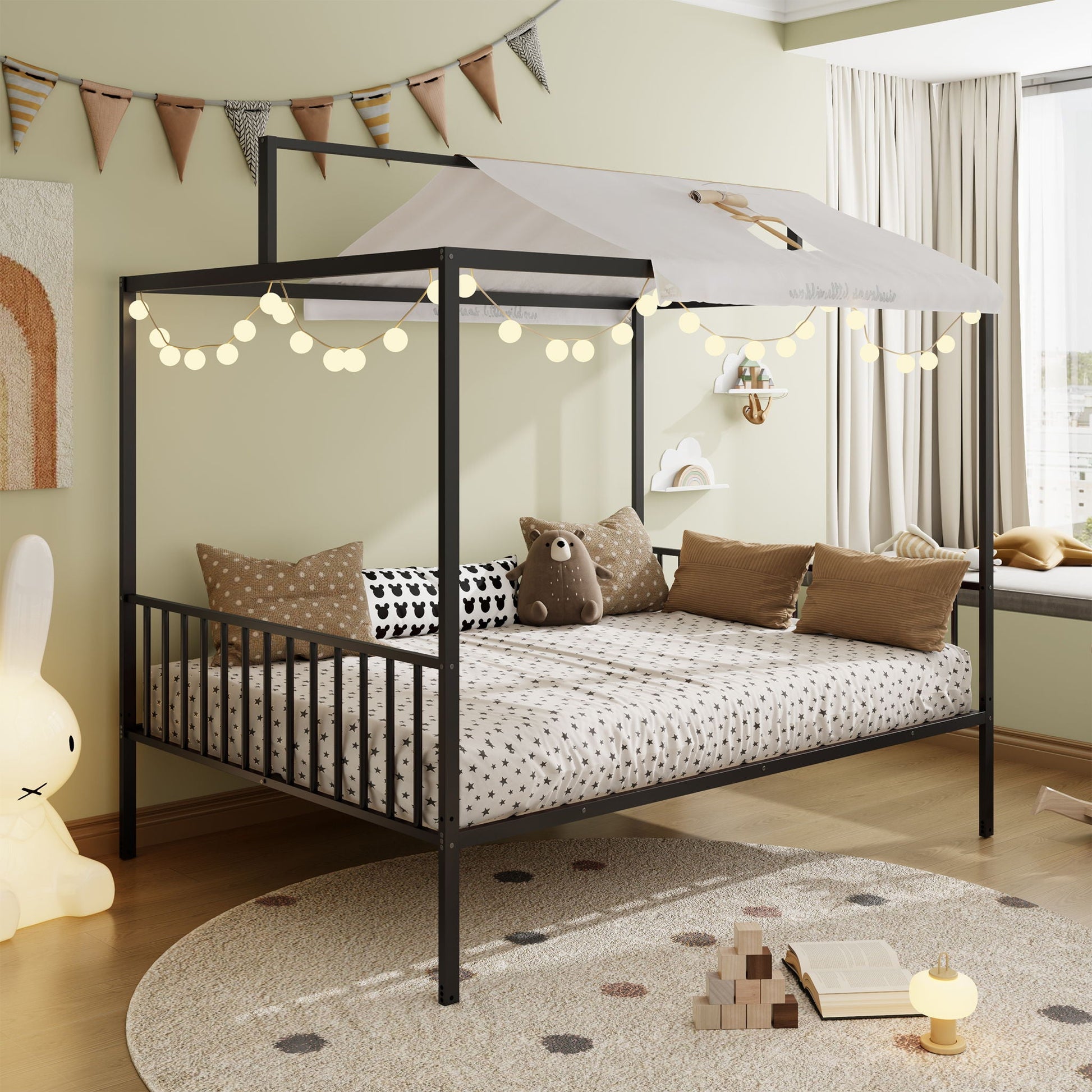 3-in-1 Montessori floor bed with fenced rails, black metal frame, white canopy by HouseOfZazla on Tampa Home & Garden Store