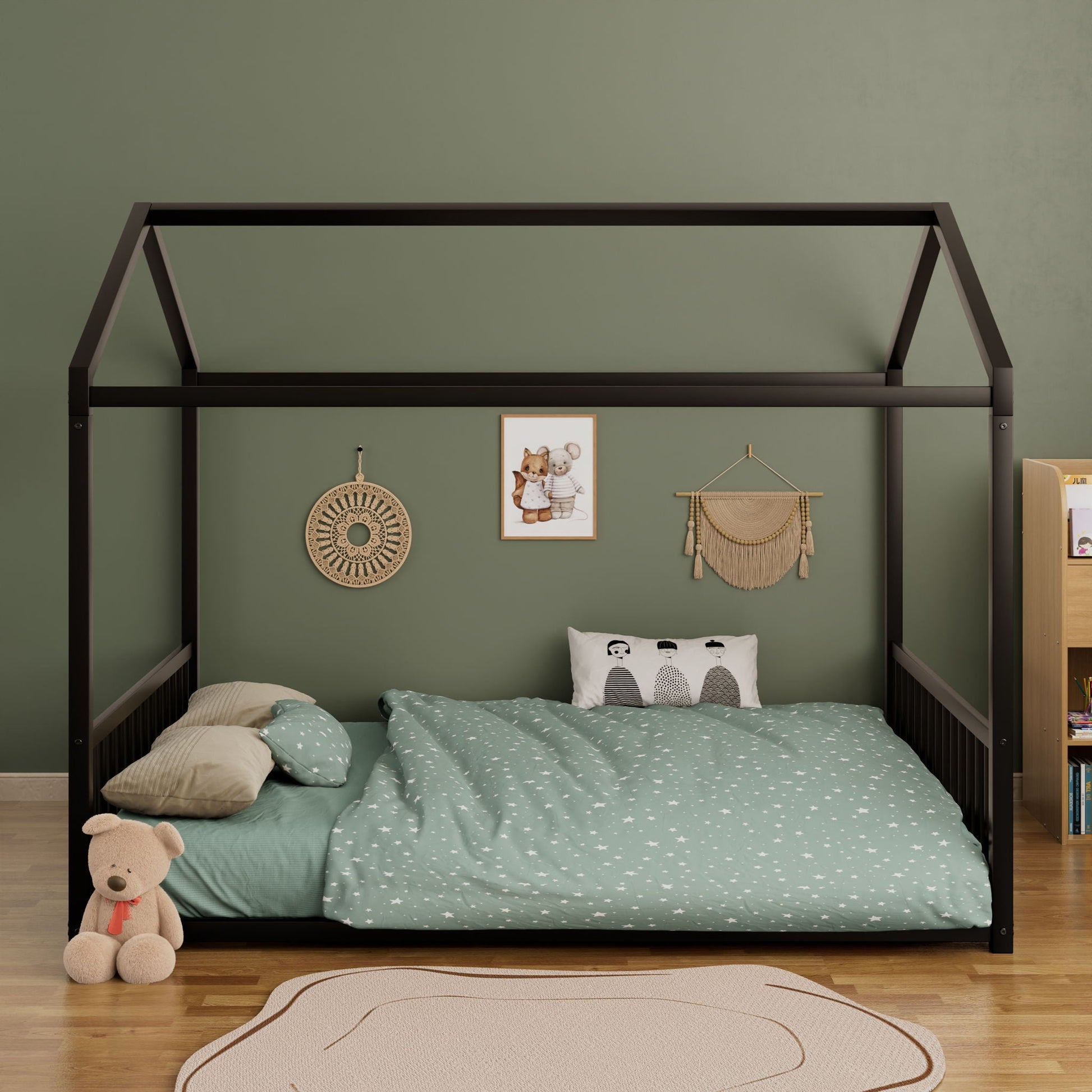 Montessori style floor bed with safety guardrails, black metal canopy frame by HouseOfZazla on Tampa Home & Garden Store