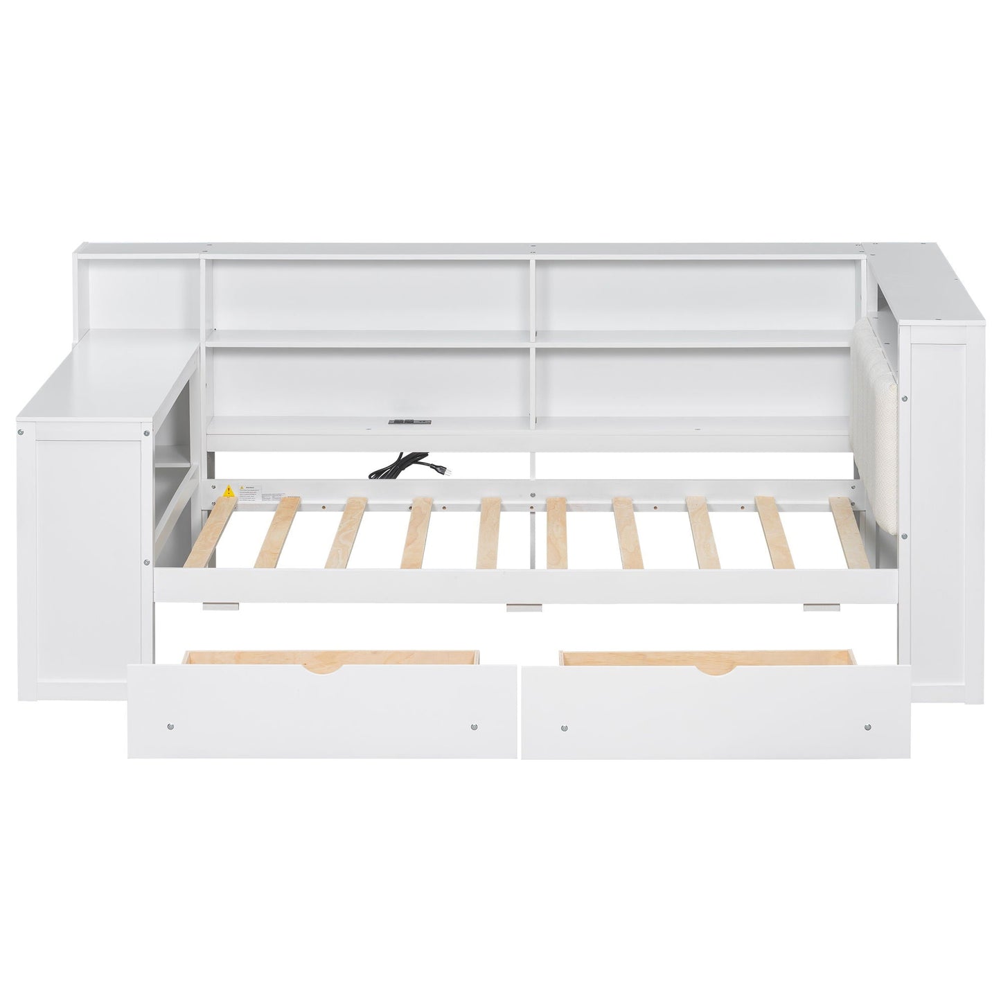 Platform bed with white finish, built-in storage shelves and drawers, desk extension on Tampa Home & Garden Store
