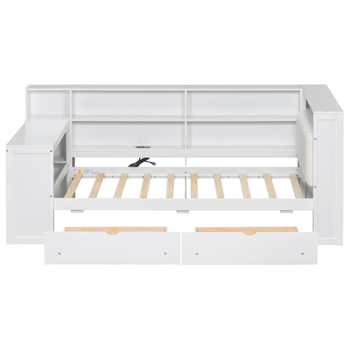 Platform bed with white finish, built-in storage shelves and drawers, desk extension on Tampa Home & Garden Store