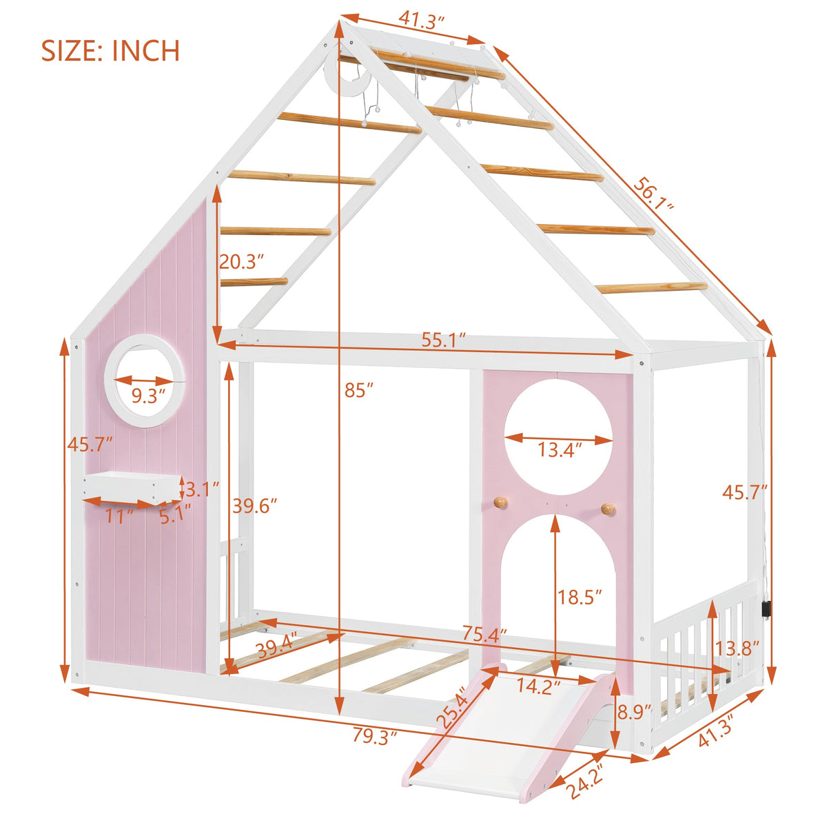 Twin House Bed with Slide by HouseOfZazla, pink playhouse panels, white frame on Tampa Home & Garden Store