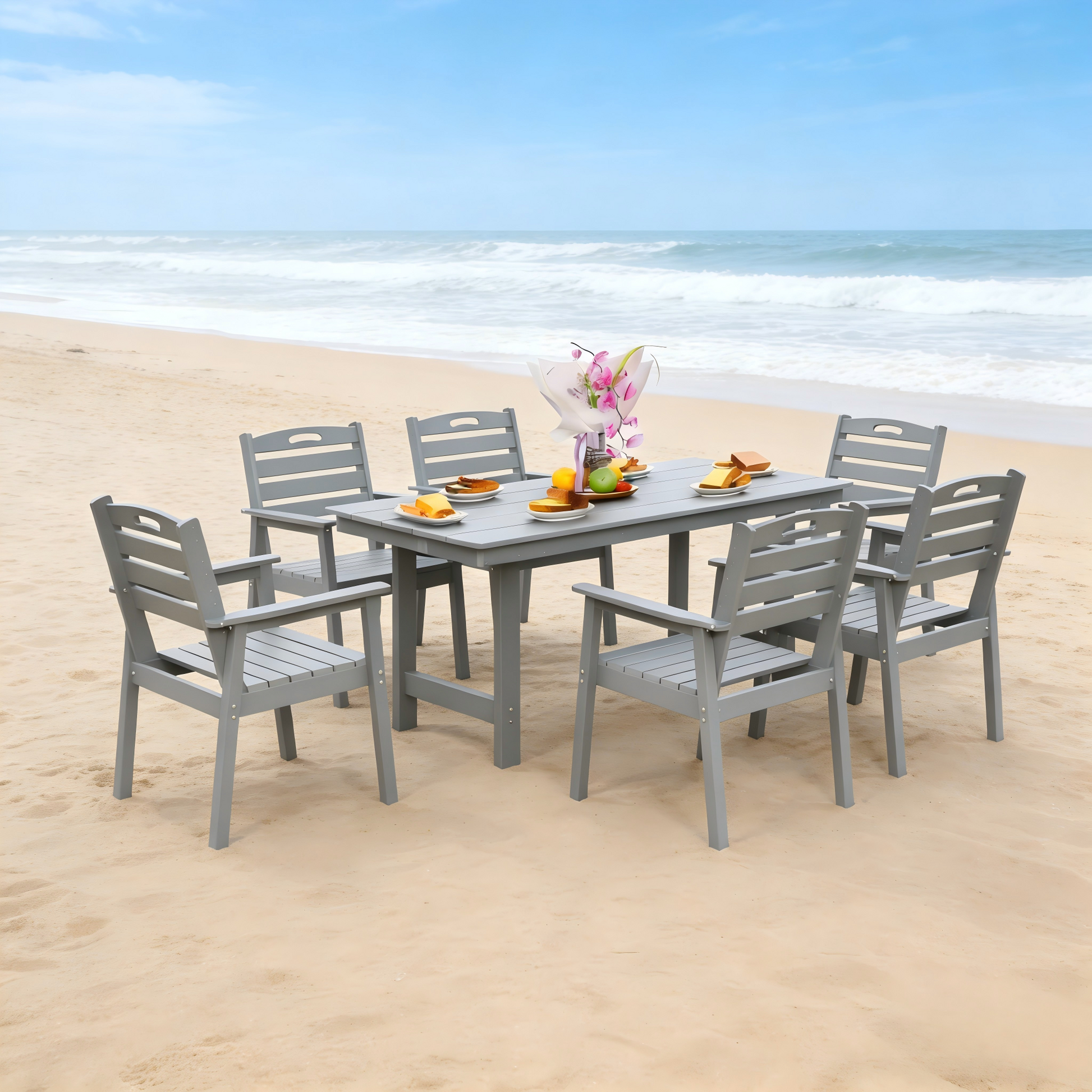 HDPE outdoor patio dining set with table and six gray chairs by HouseOfZazla on Tampa Home & Garden Store