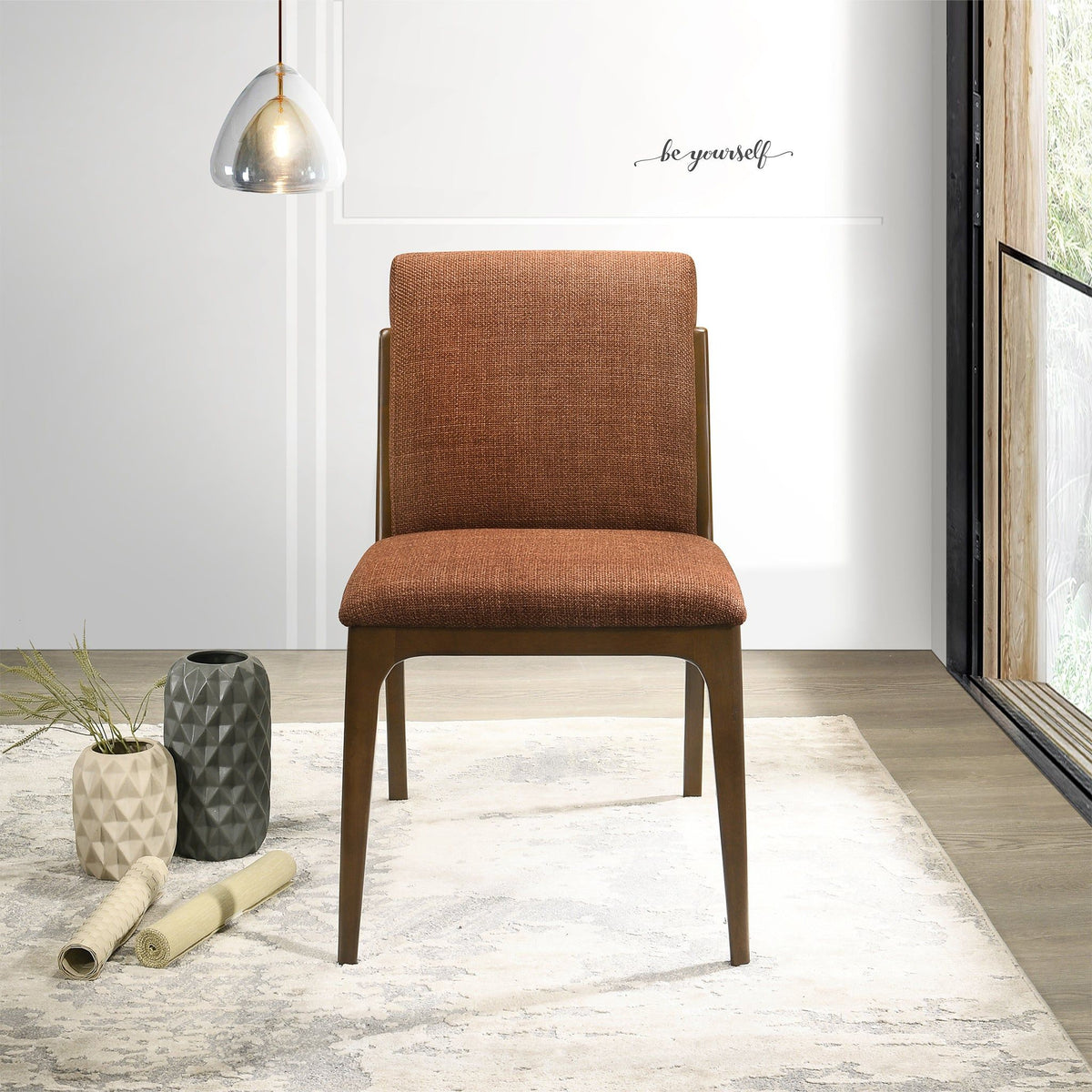 Single dining chair with brown upholstered fabric and wooden legs, modern style on Tampa Home & Garden Store