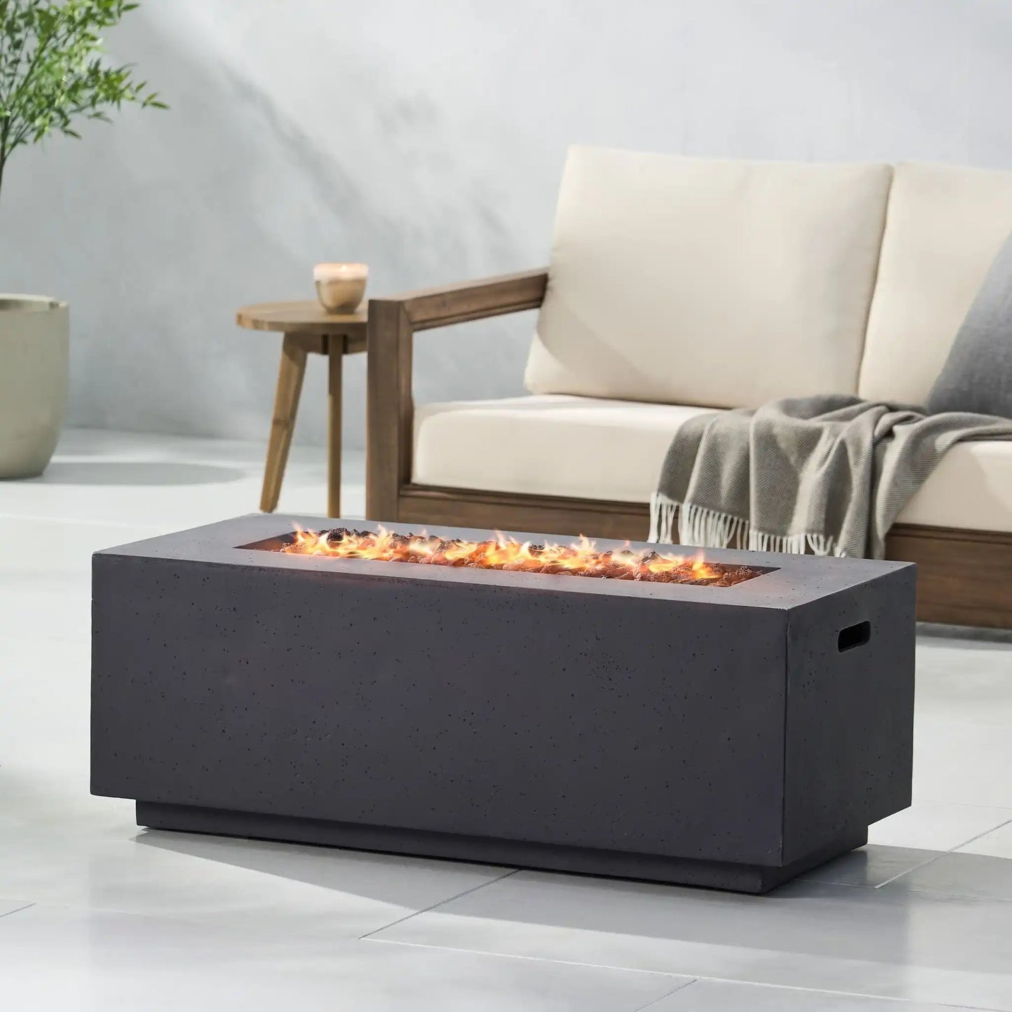 Propane fire pit, contemporary outdoor design, 40,000 BTU, rectangular dark-gray finish on Tampa Home & Garden Store