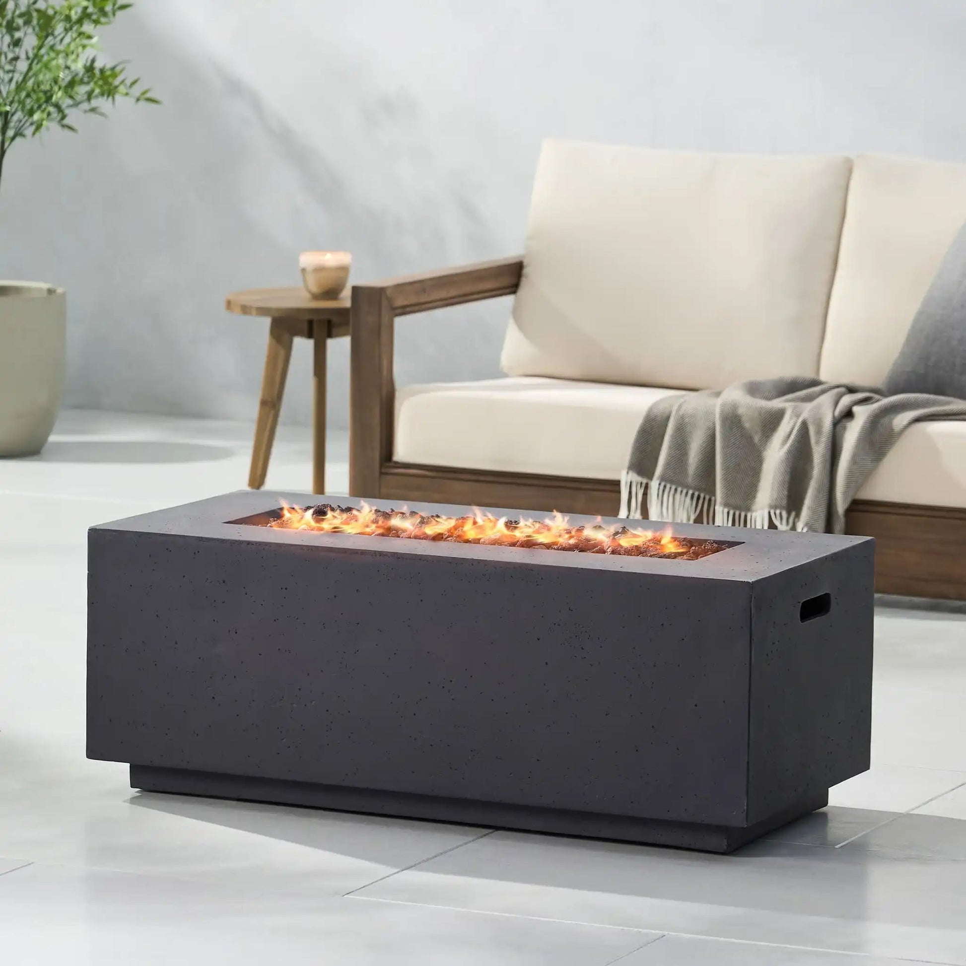 Propane fire pit, contemporary outdoor design, 40,000 BTU, rectangular dark-gray finish on Tampa Home & Garden Store