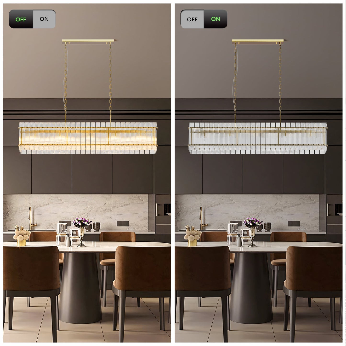 Chandelier Modern Rectangular Crystal Glass 10-Light with gold frame prisms two HouseOfZazla on Tampa Home & Garden Store