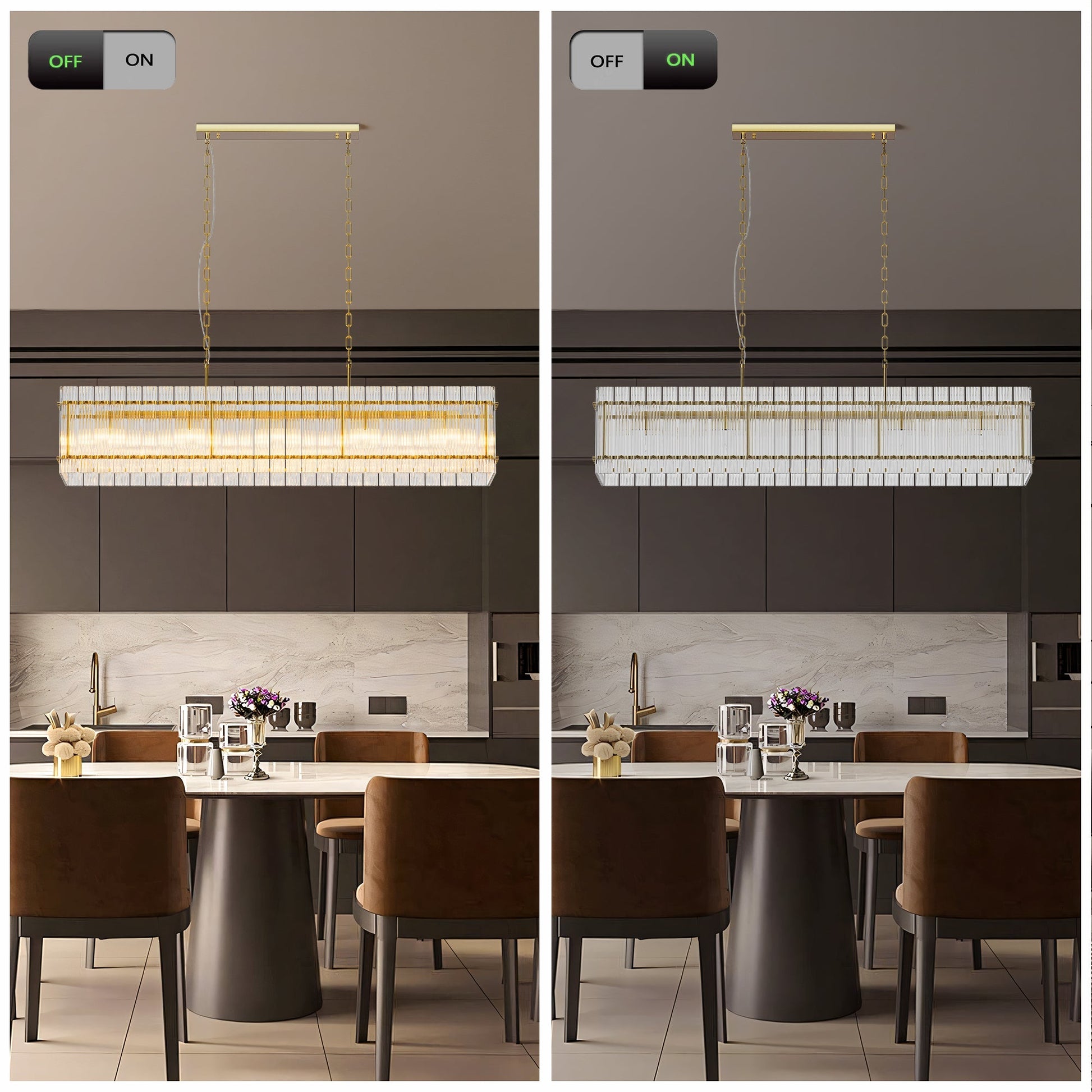 Chandelier Modern Rectangular Crystal Glass 10-Light with gold frame prisms two HouseOfZazla on Tampa Home & Garden Store