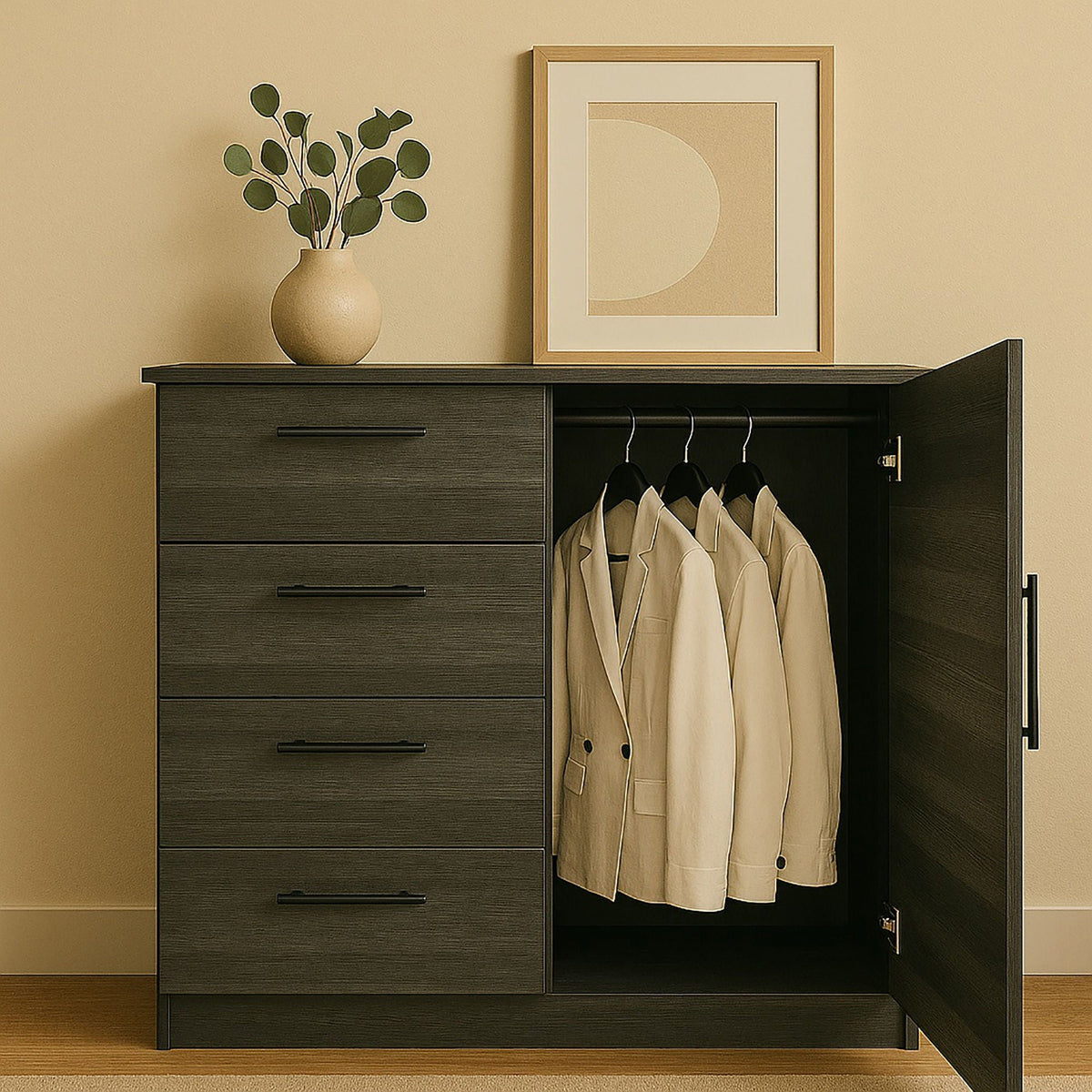Robin Gentleman’s Chest with Extra Deep Storage dark gray finish; drawers + hanging space on Tampa Home & Garden Store