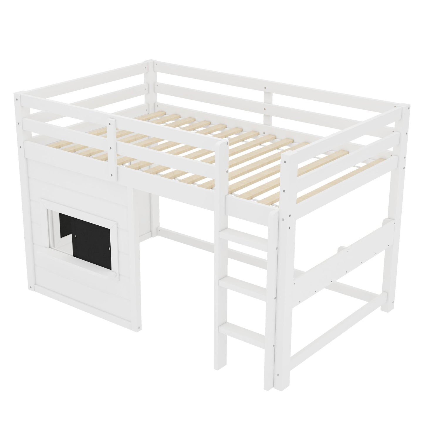 Twin size white loft bed with guard rails and front sliding chalkboard panel, ladder on Tampa Home & Garden Store