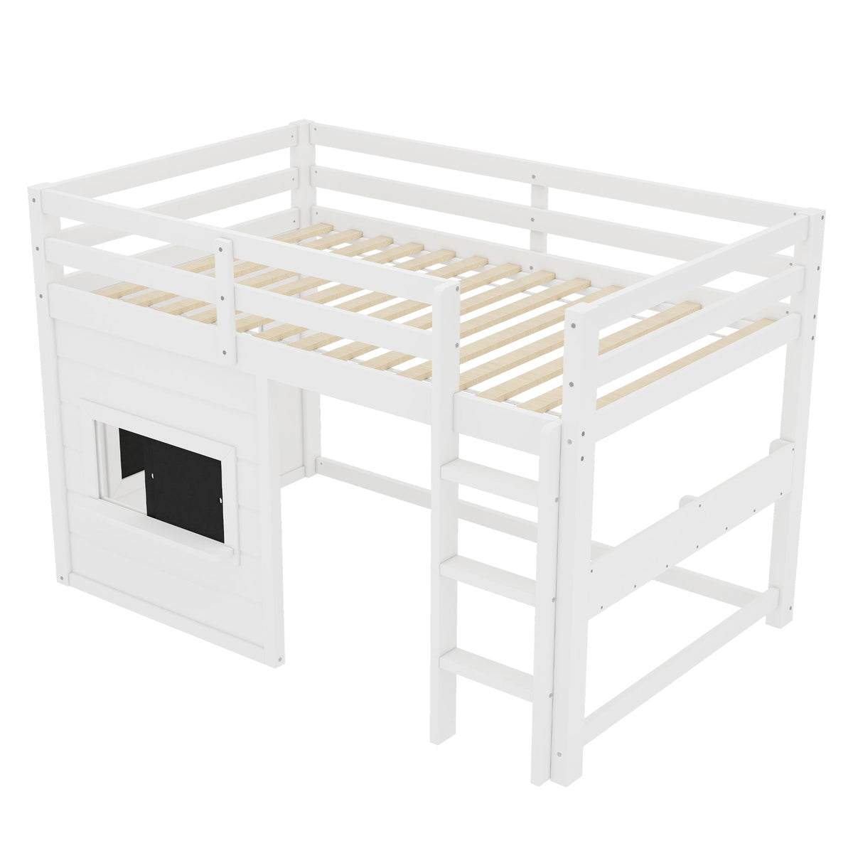 Twin size white loft bed with guard rails and front sliding chalkboard panel, ladder on Tampa Home & Garden Store