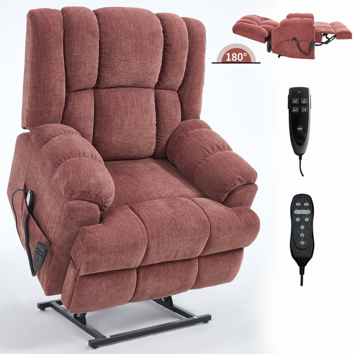Dual motor heat massage power lift recliner in burgundy fabric with included remote on Tampa Home & Garden Store