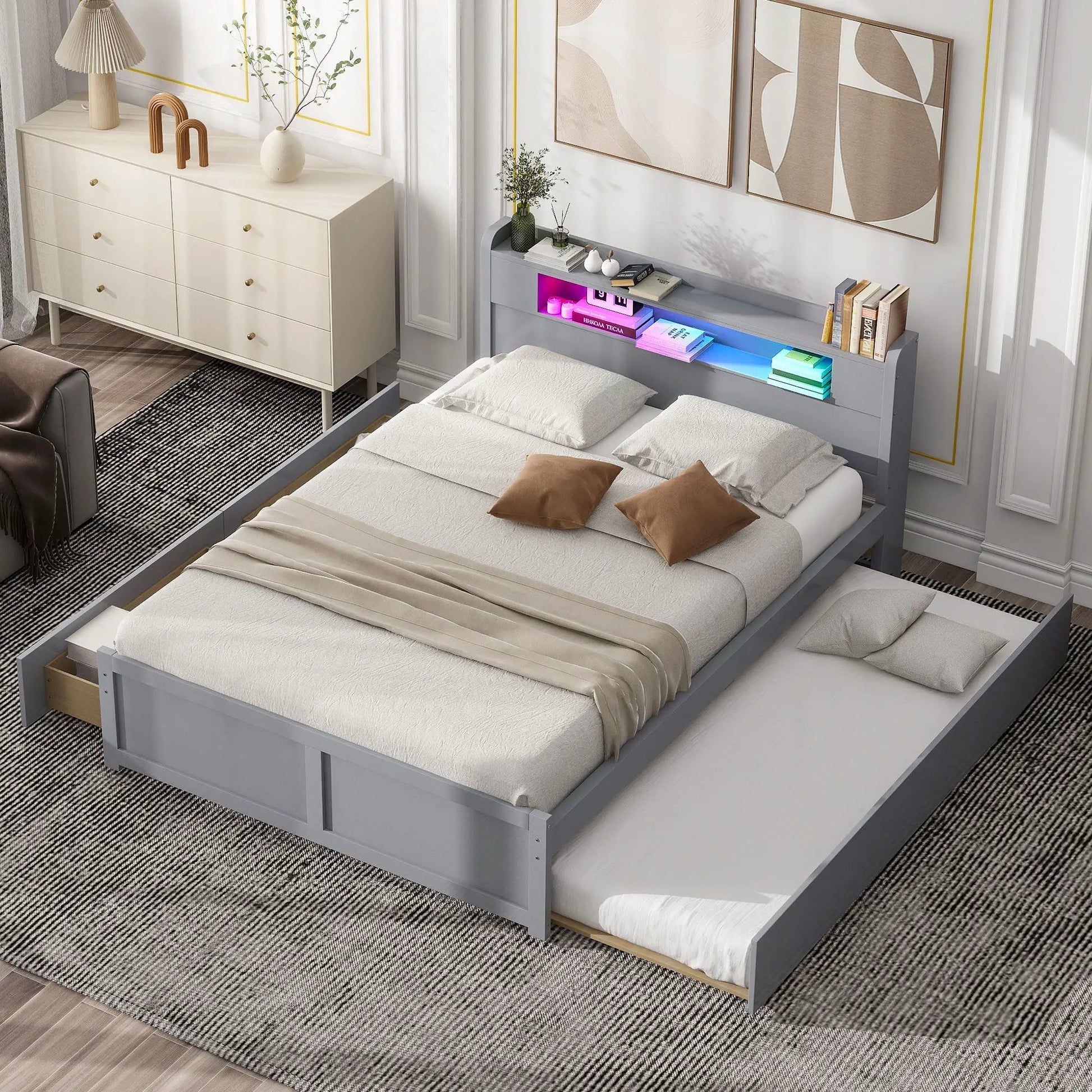 Storage platform bed with LED lights, 2 drawers and trundle in gray by Unique Piece Furniture on Tampa Home & Garden Store
