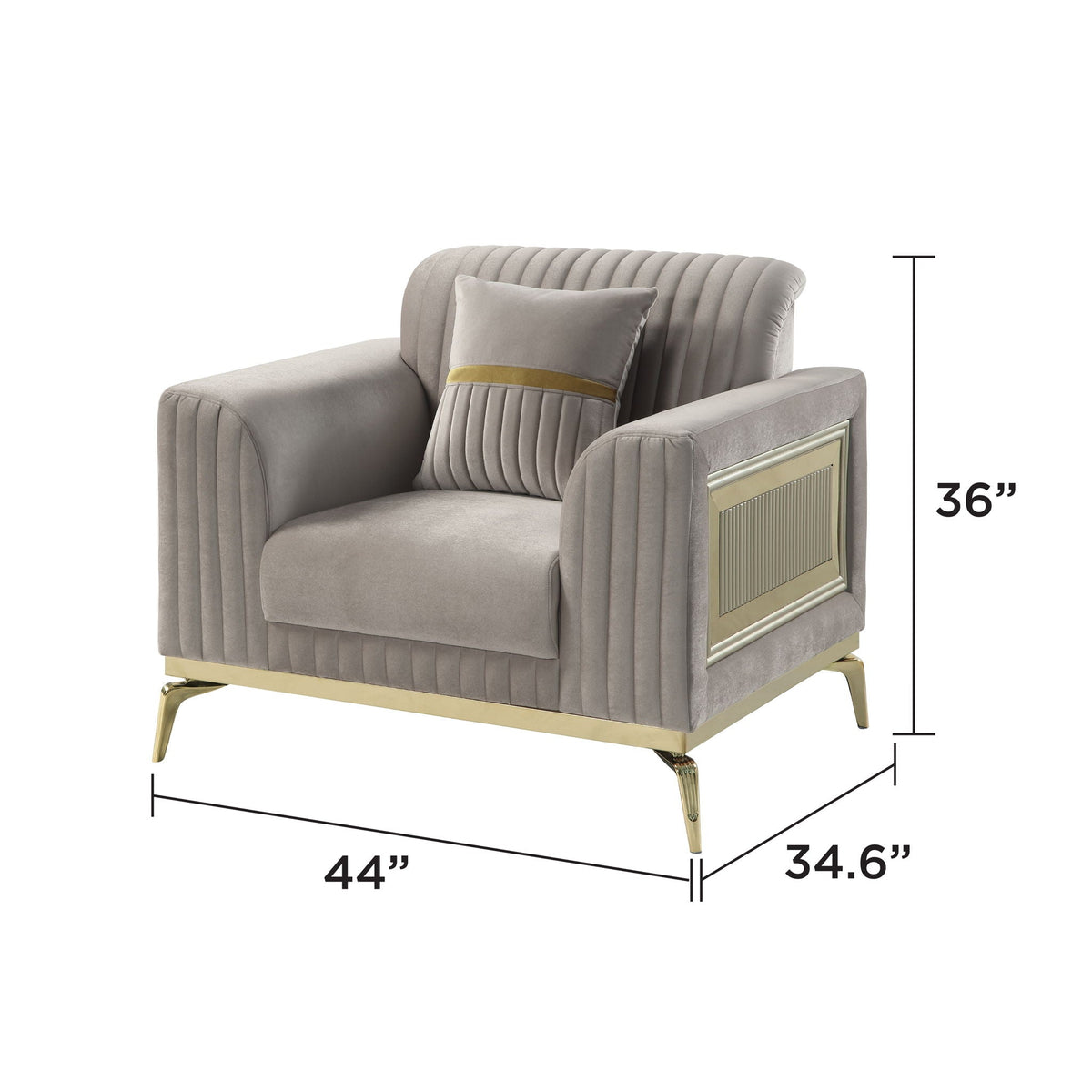 Antigua Upholstered Arm Chair with metal frame in light taupe fabric and gold legs HouseOfZazla armchairs on Tampa Home & Garden Store