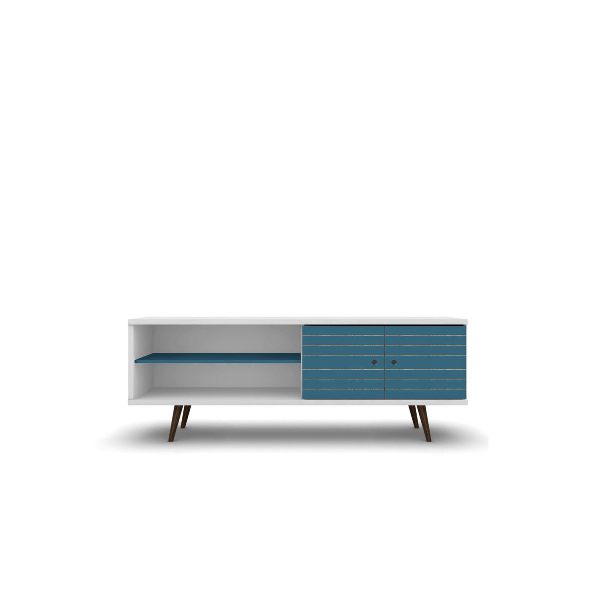 Liberty TV Stand with hidden storage, white body, blue drawers, splayed wood legs on Tampa Home & Garden Store
