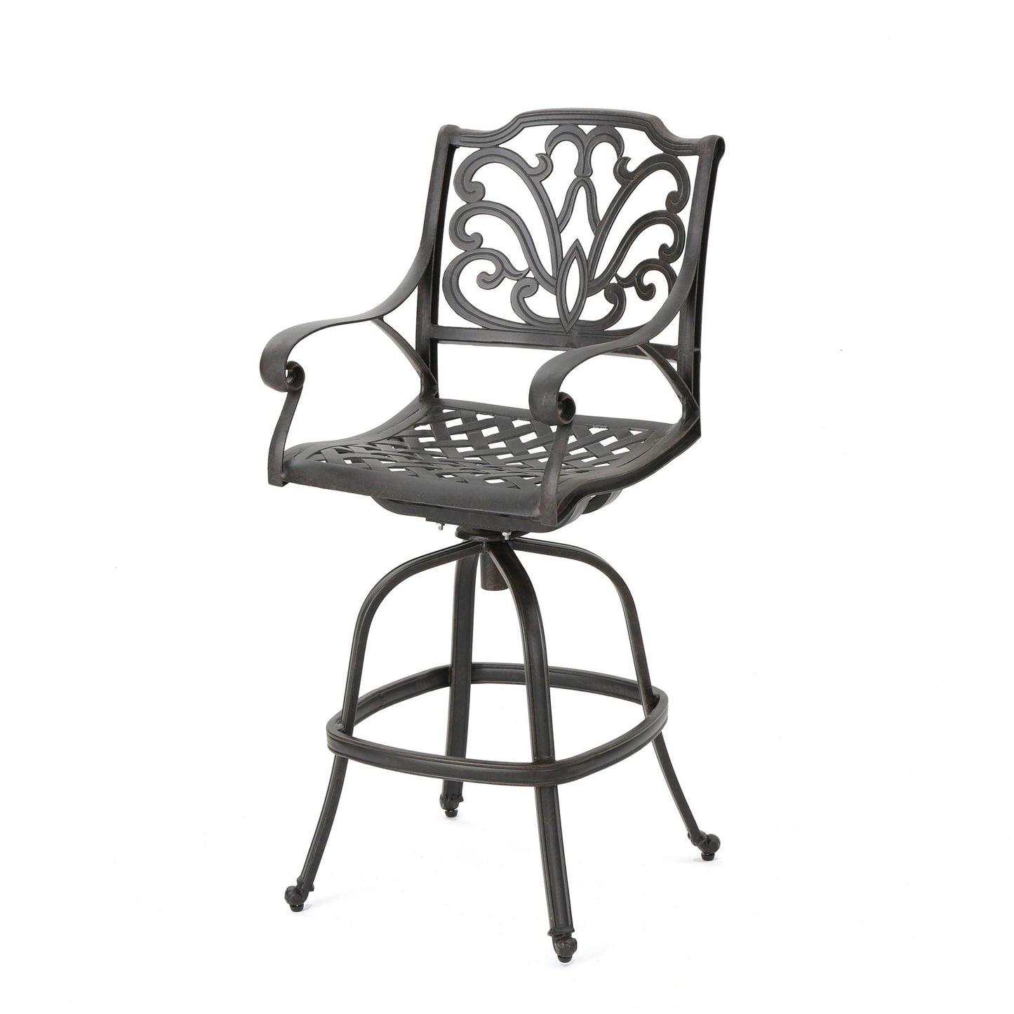 Outdoor cast aluminum swivel bar stool with scrolled arms in bronze by HouseOfZazla on Tampa Home & Garden Store