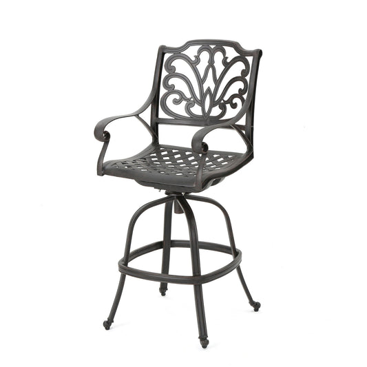Outdoor cast aluminum swivel bar stool with scrolled arms in bronze by HouseOfZazla on Tampa Home & Garden Store