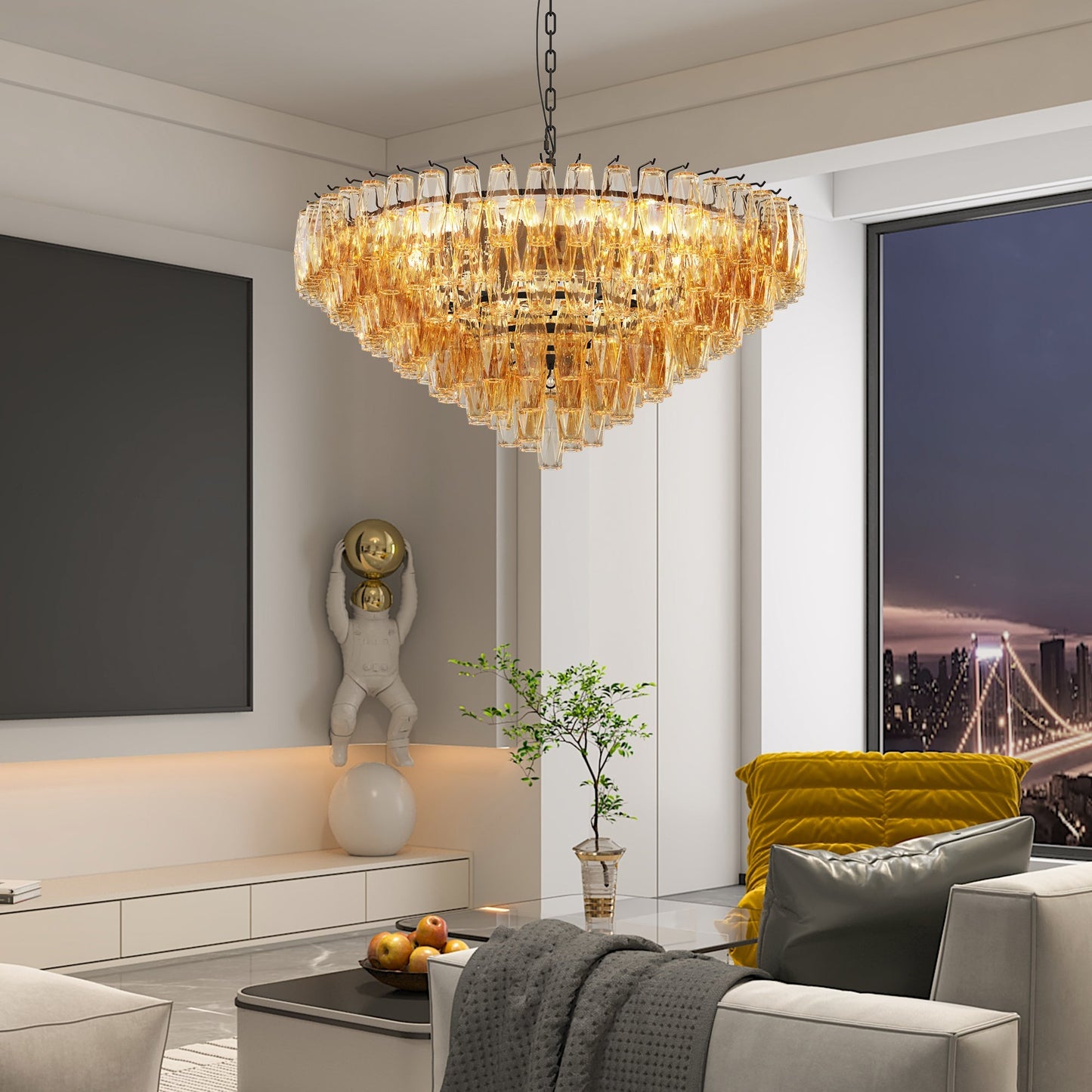 Modern Round 14-Light Black Chandelier with Smoke Glass Tubes in a contemporary living room on Tampa Home & Garden Store