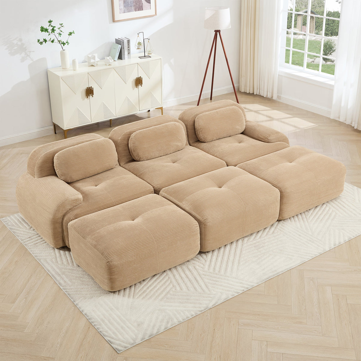 Three-Seat Modular Sofa With 3 Ottomans in camel fabric by HouseOfZazla on Tampa Home & Garden Store