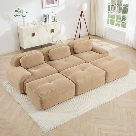 Three-Seat Modular Sofa With 3 Ottomans in camel fabric by HouseOfZazla on Tampa Home & Garden Store