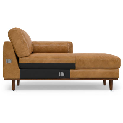 Morrison upholstered sectional sofa in tan leather with black base on Tampa Home & Garden Store