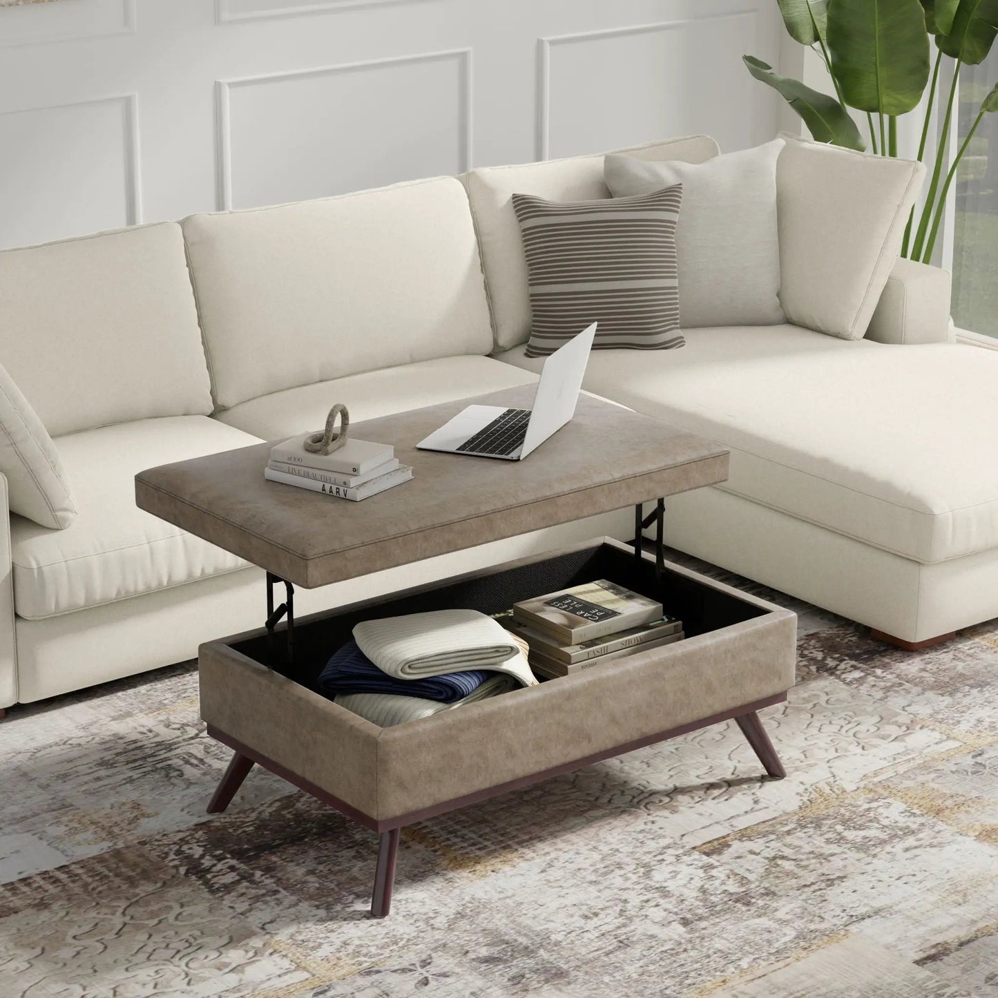 Owen multifunctional square coffee table storage ottoman in taupe fabric with hidden storage on Tampa Home & Garden Store