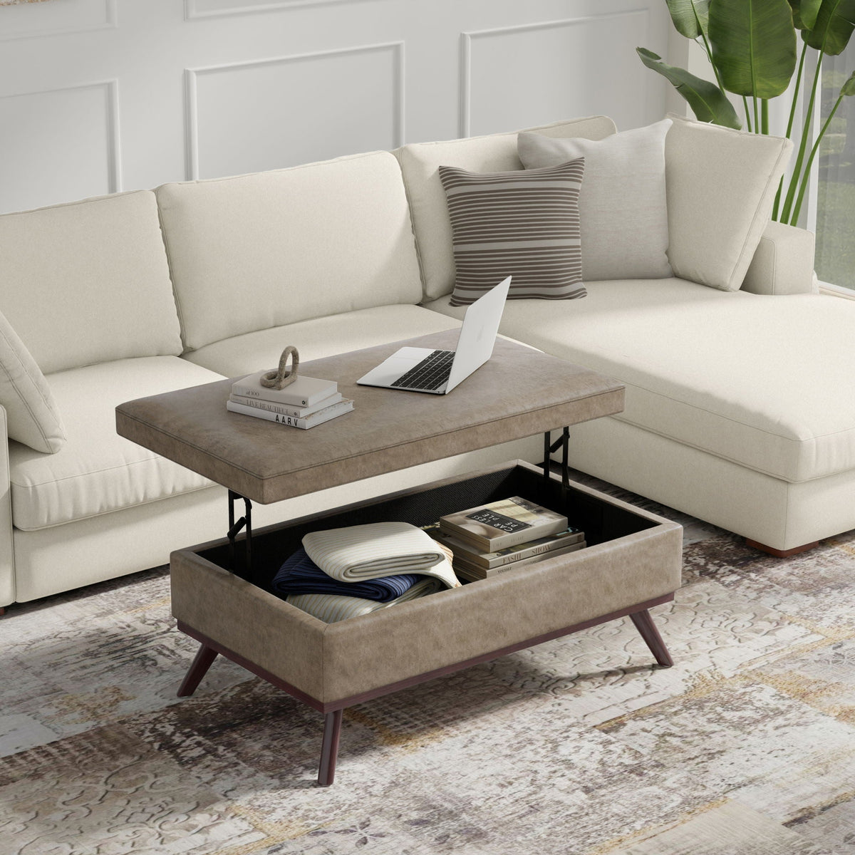 Square Lift Top Coffee Table and Storage Ottoman beige fabric with wood legs by HouseOfZazla on Tampa Home & Garden Store
