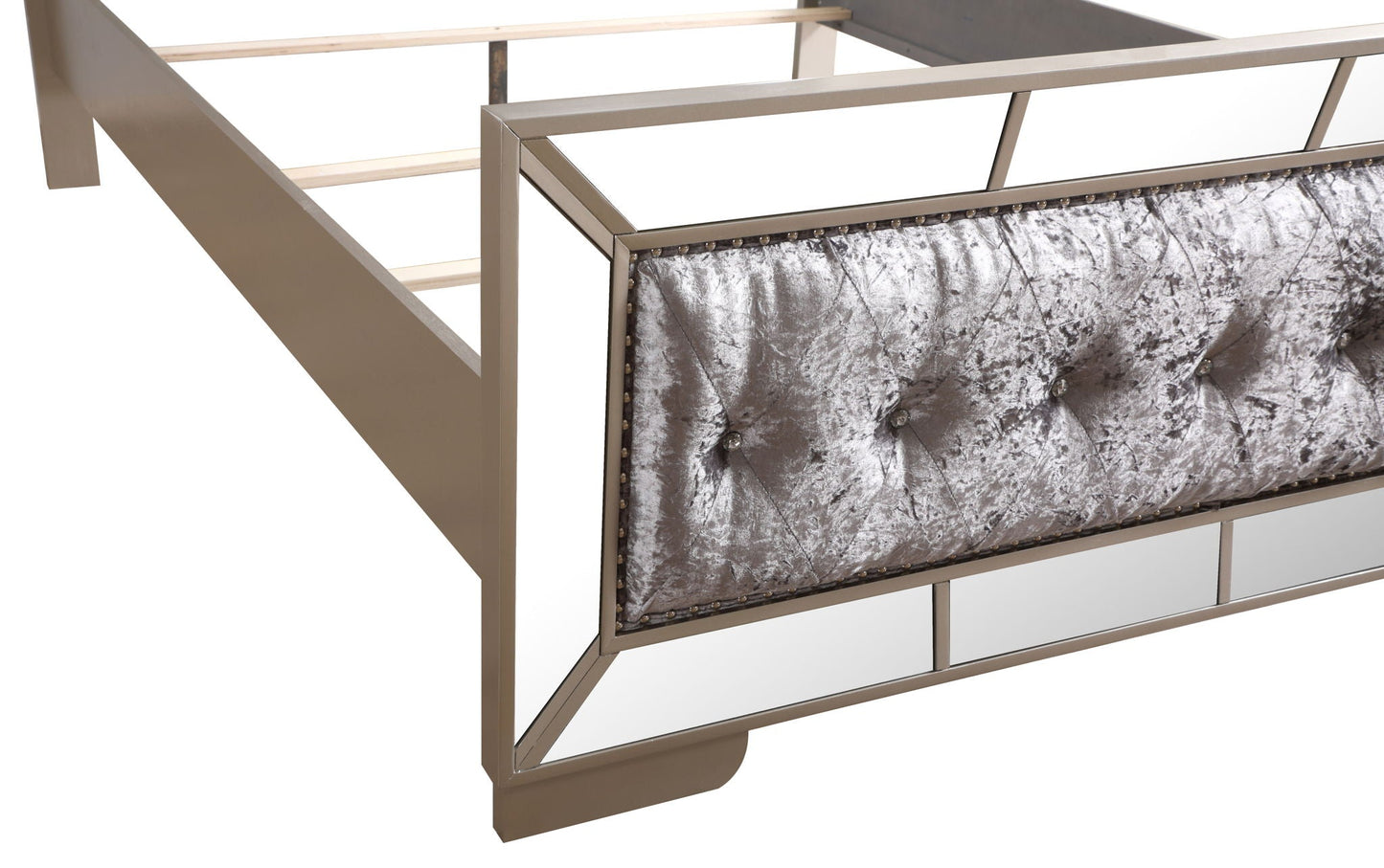 Stylish contemporary panel bed by HouseOfZazla with tufted velvet headboard and taupe frame on Tampa Home & Garden Store
