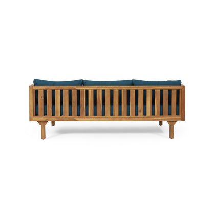 Claremont 3 Seater Daybed with teak acacia wood frame and blue water-resistant cushions on Tampa Home & Garden Store
