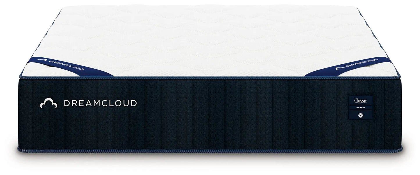 DreamCloud Classic Hybrid mattress with white top and navy quilted sides on Tampa Home & Garden Store