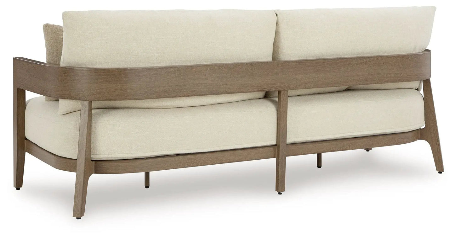 Serene Bay Sofa with Cushion, dark brown wooden frame and beige cushions on Tampa Home & Garden Store