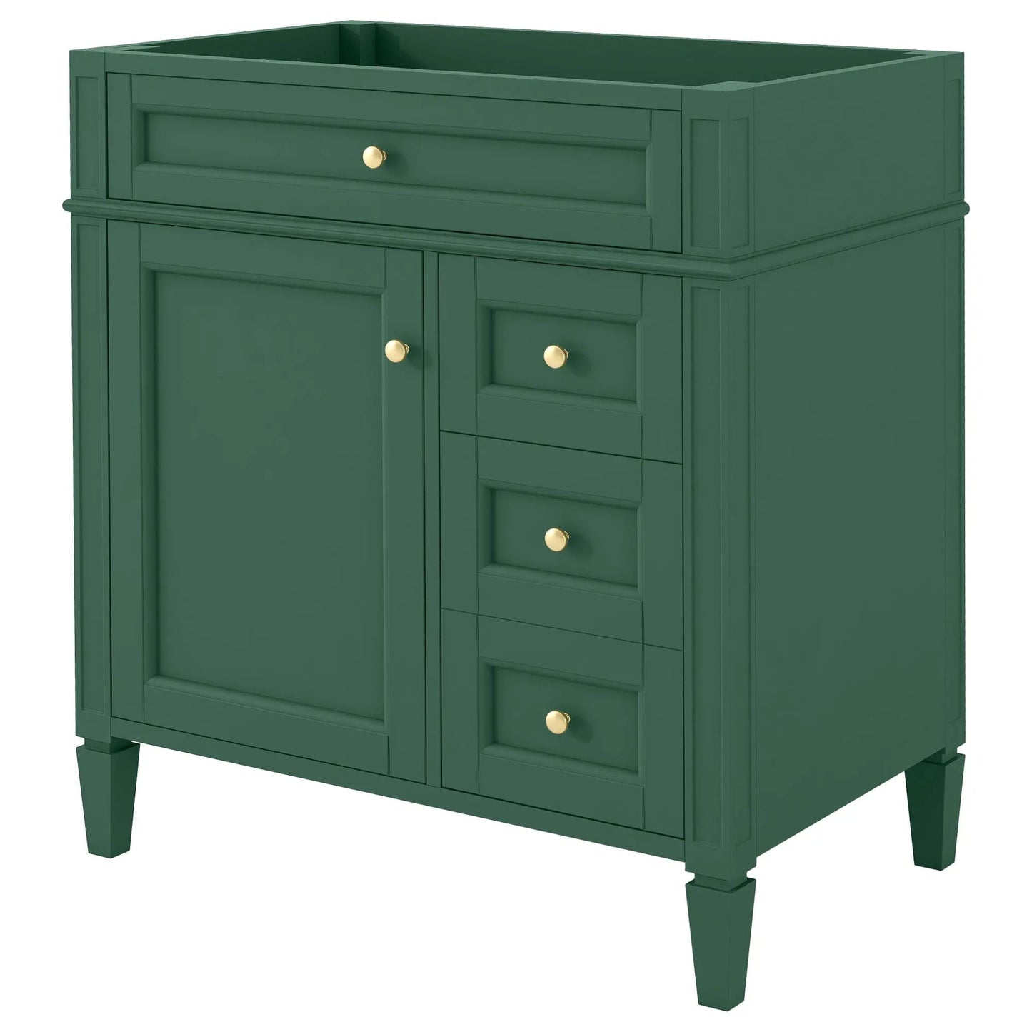 Bathroom vanity base with 2 drawers and tip-out drawer, gold knobs on Tampa Home & Garden Store