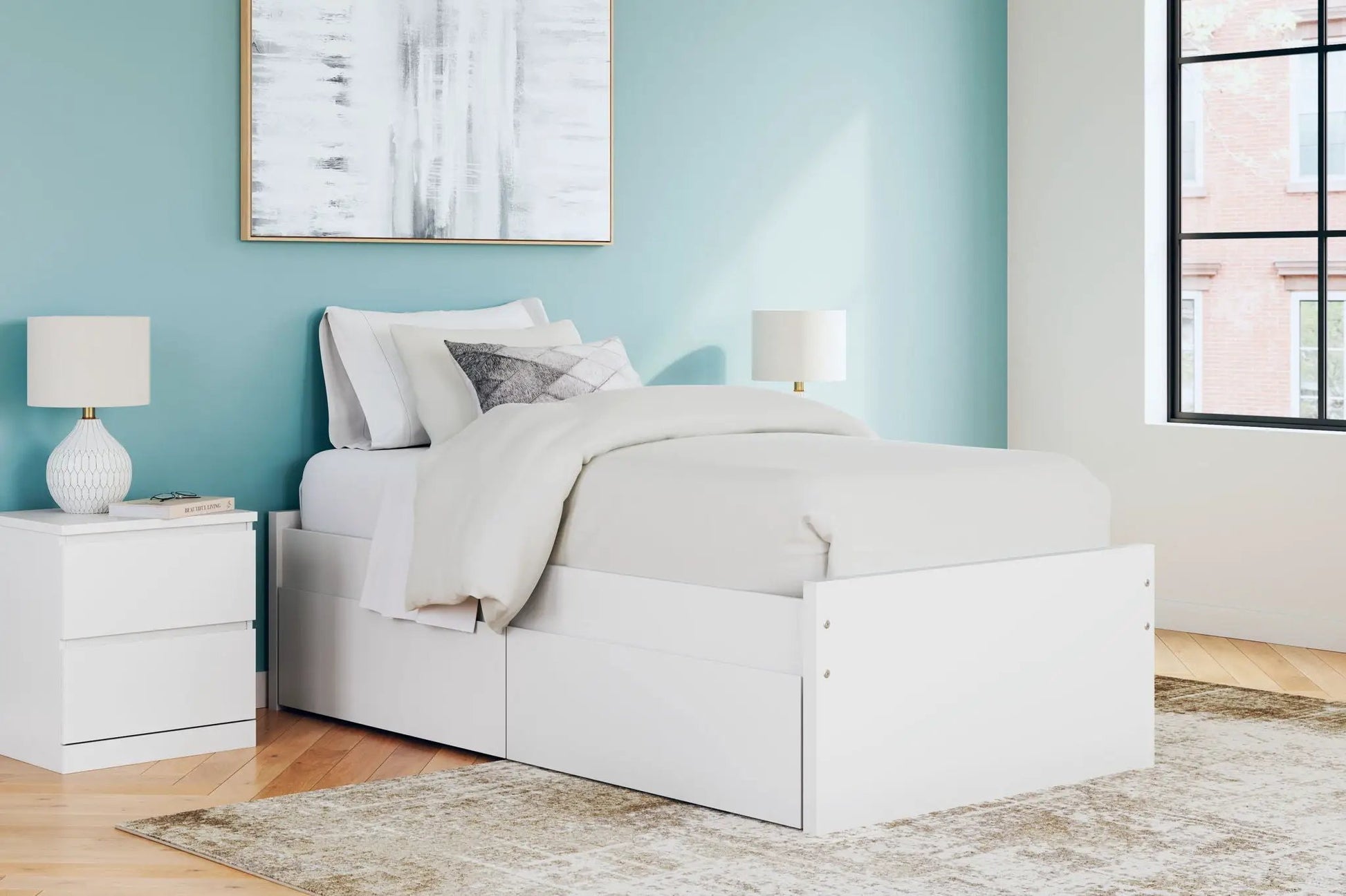 Onita Platform Bed with built-in storage drawers, white finish in a blue bedroom on Tampa Home & Garden Store