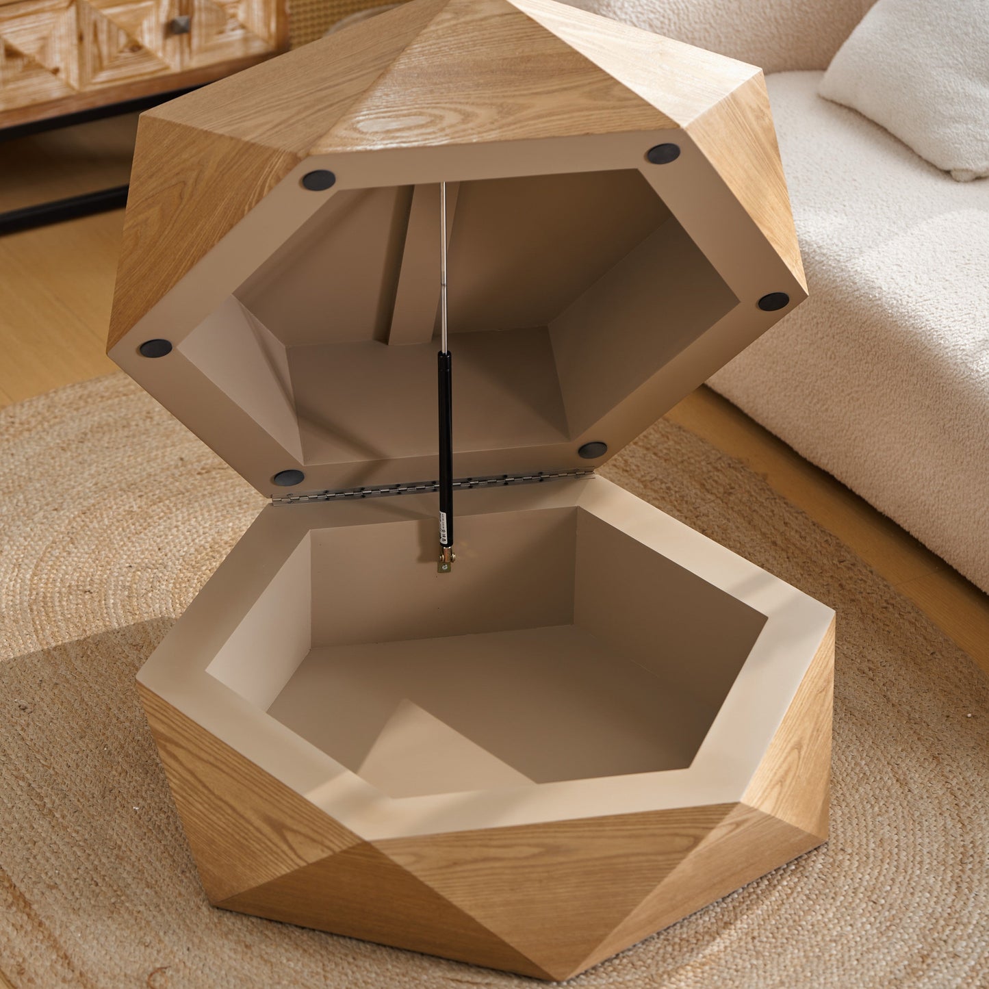 36.61-inch retro polygon flip-top coffee table in natural wood with beige interior on Tampa Home & Garden Store