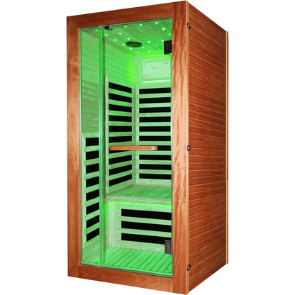 American White Oak Single Person Sauna Room with LED Lighting, glass front and green interior on Tampa Home & Garden Store