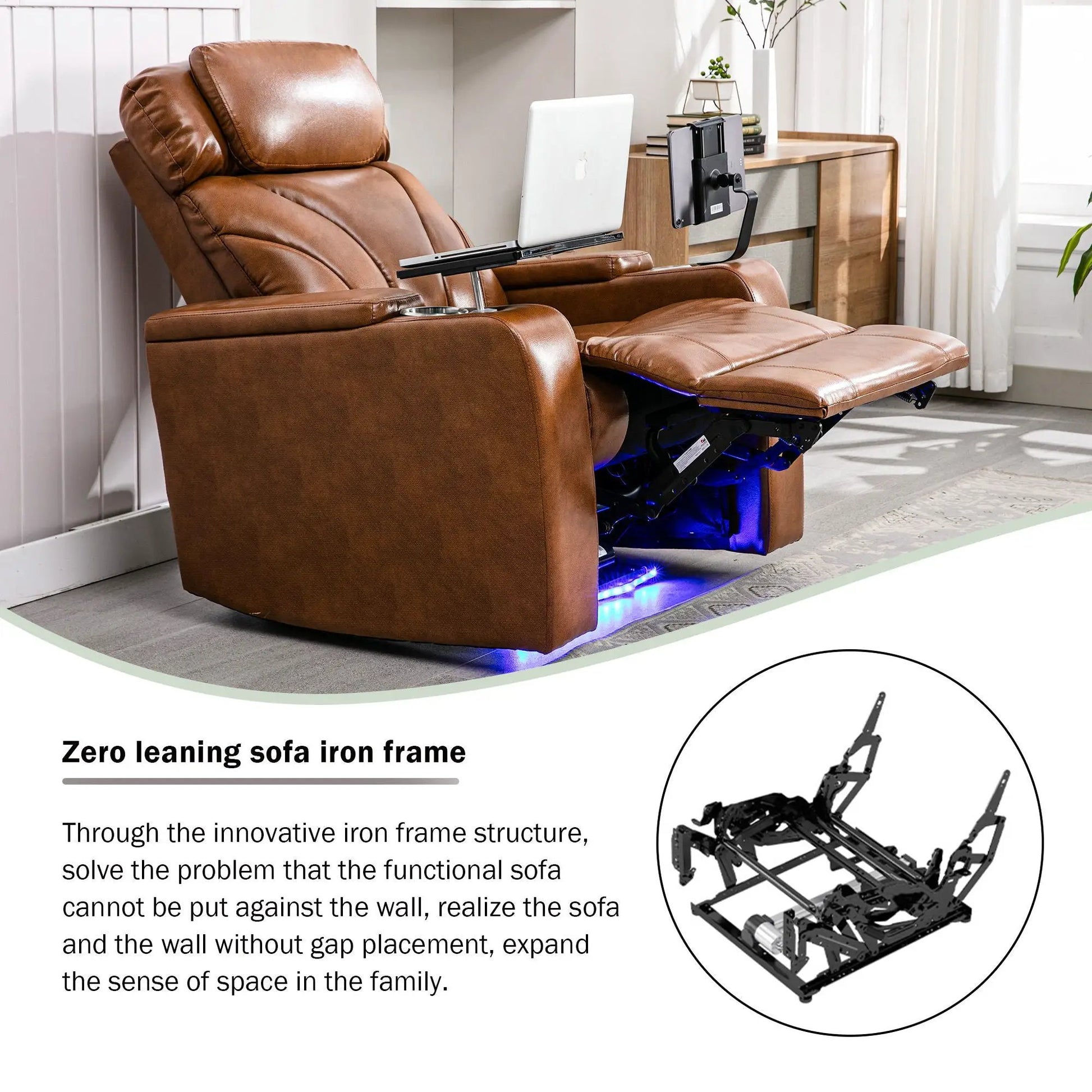Power Motion Recliner in brown leather with USB charging, hidden arm storage, and cup holder on Tampa Home & Garden Store
