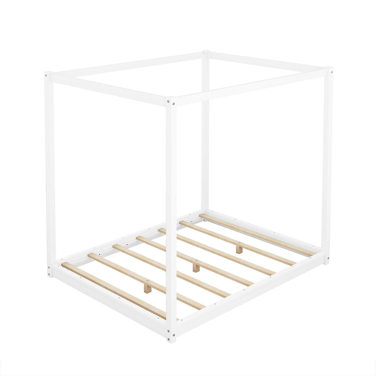 Wood canopy platform bed frame with white finish, canopy posts and airflow slats on Tampa Home & Garden Store