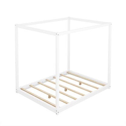 Wood canopy platform bed frame with white finish, canopy posts and airflow slats on Tampa Home & Garden Store