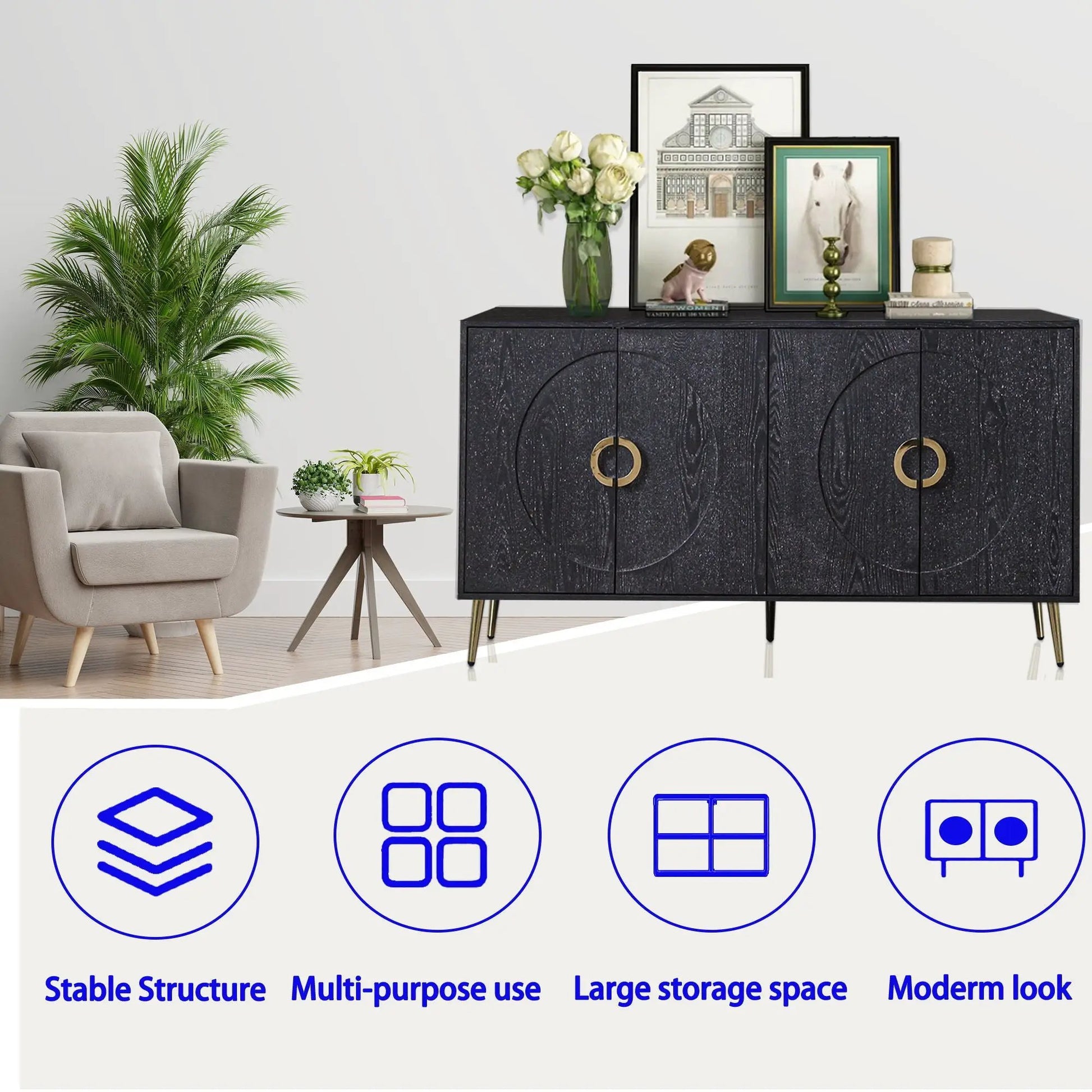 Modern lacquered four-door wooden sideboard with dark finish and brass ring pulls on Tampa Home & Garden Store
