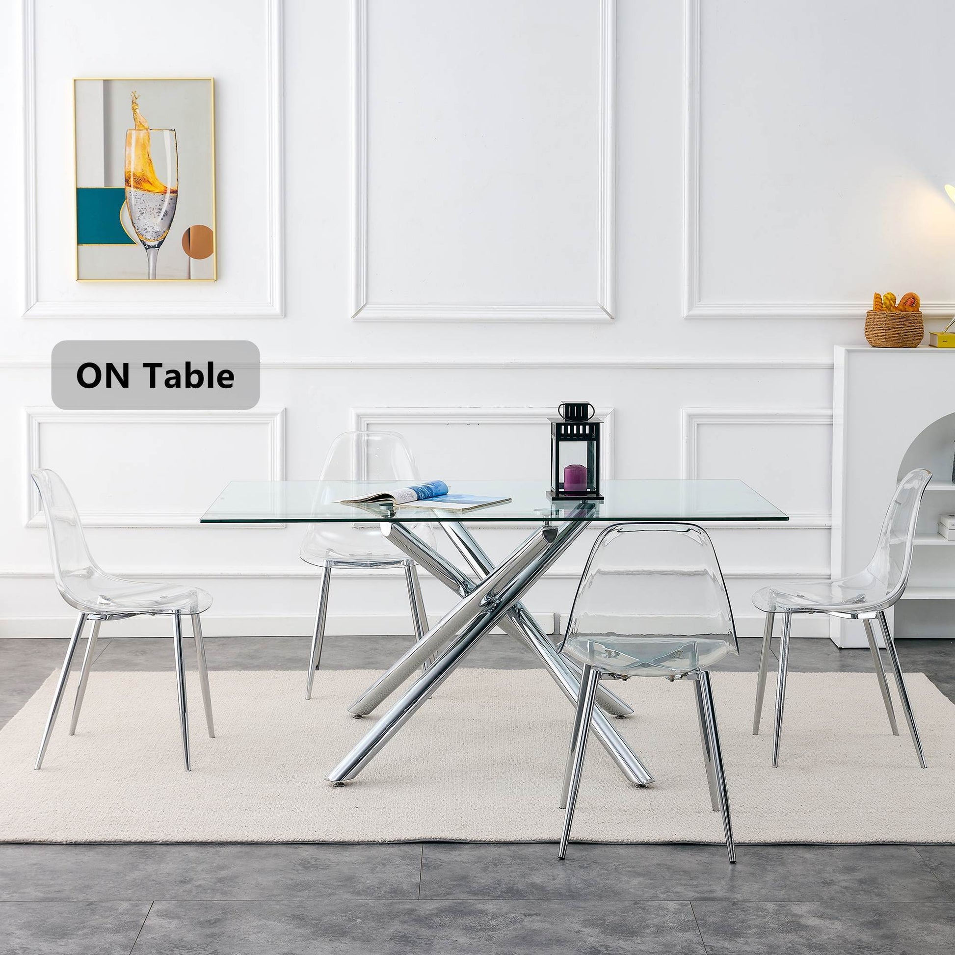 Six transparent acrylic dining chairs around a glass table in a modern minimalist set on Tampa Home & Garden Store