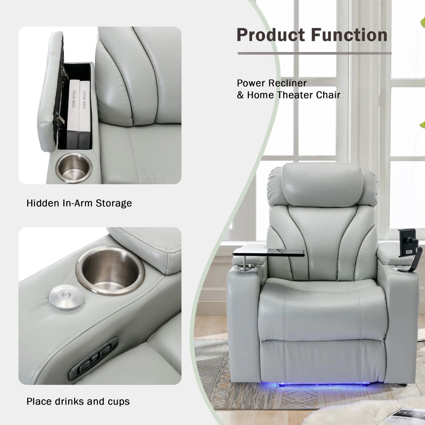 Power Motion Recliner gray leather with USB and cup holders by Unique Piece Furniture on Tampa Home & Garden Store