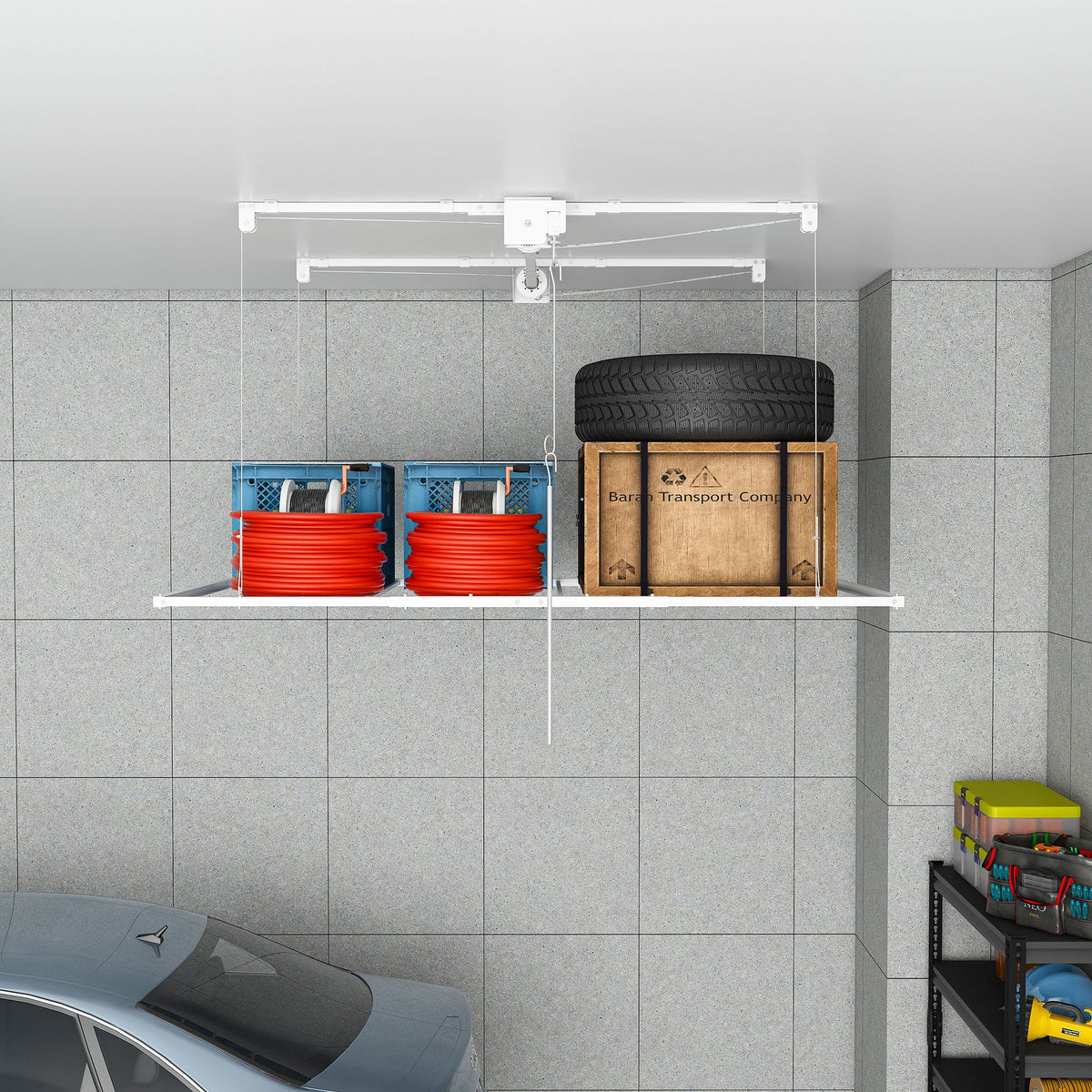 Overhead Garage Storage Rack with Crank System white, ceiling-mounted; stores tires and crates on Tampa Home & Garden Store
